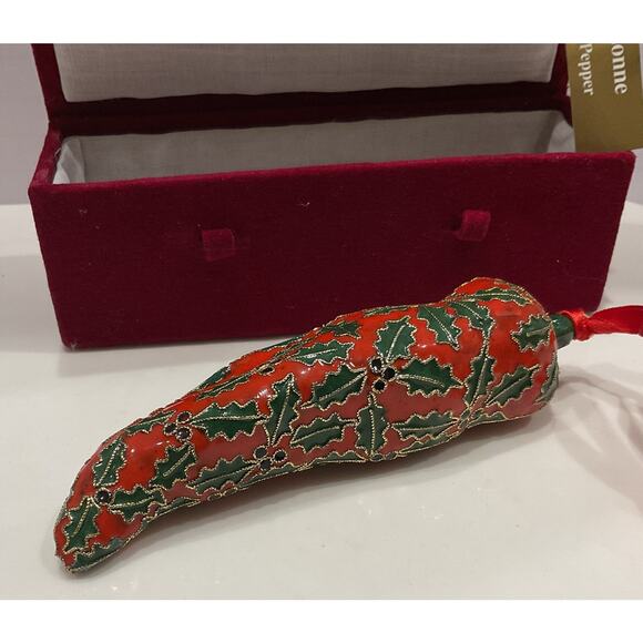 Rare Cloisonné Red Hot Chili Pepper Holly Berry Christmas Ornament With Box 5.5" - Picture 3 of 8